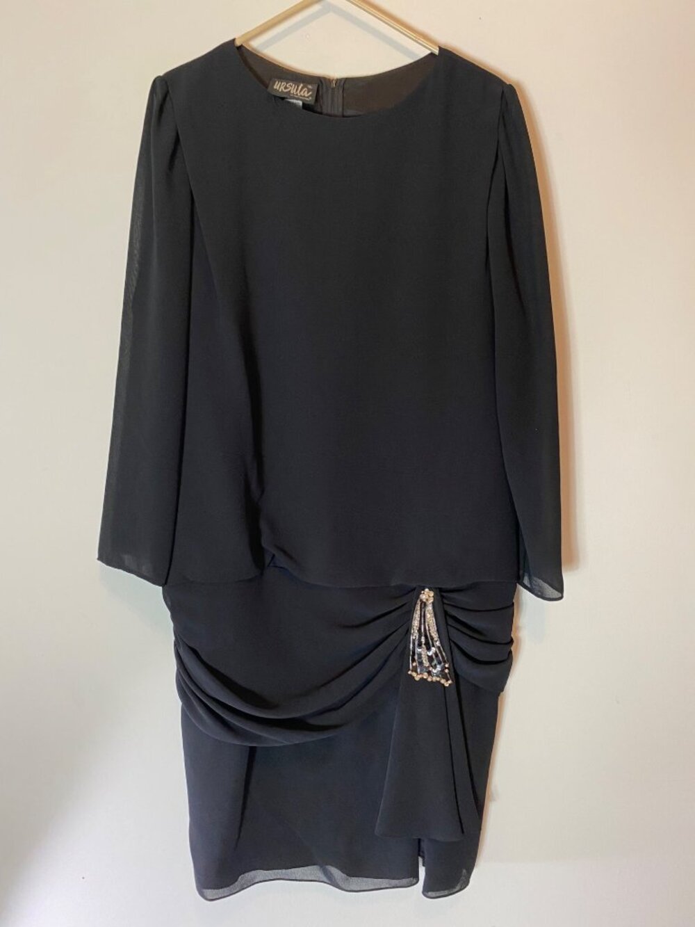 Ursula Of Switzerland Black Cocktail Dress Beaded Accent & Draped Skirt Size 16
